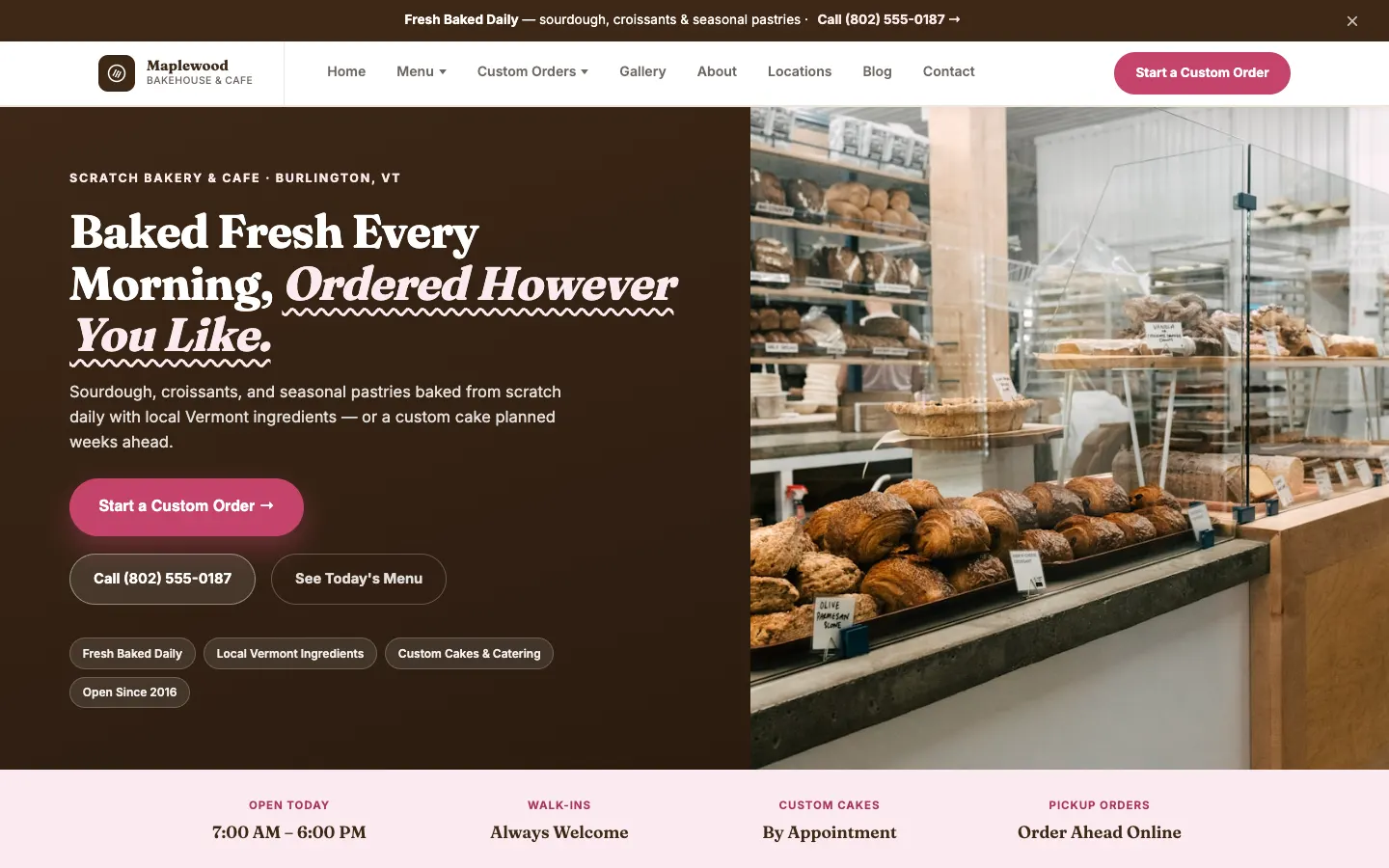 Screenshot of Maplewood Bakehouse & Cafe, a Bakery & Cafe website built on WorkspaceCMS — Daily Menu & Case Display + Custom Cake Order Flow.