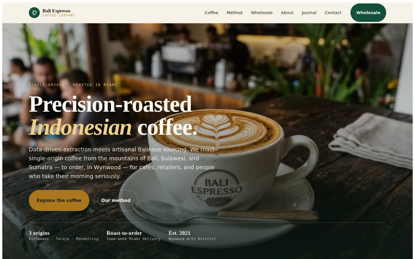 Screenshot of Bali Espresso Coffee Company, a Specialty Coffee Roaster website built on WorkspaceCMS — Shop-by-Origin Roster + Wholesale Onboarding + Subscription.