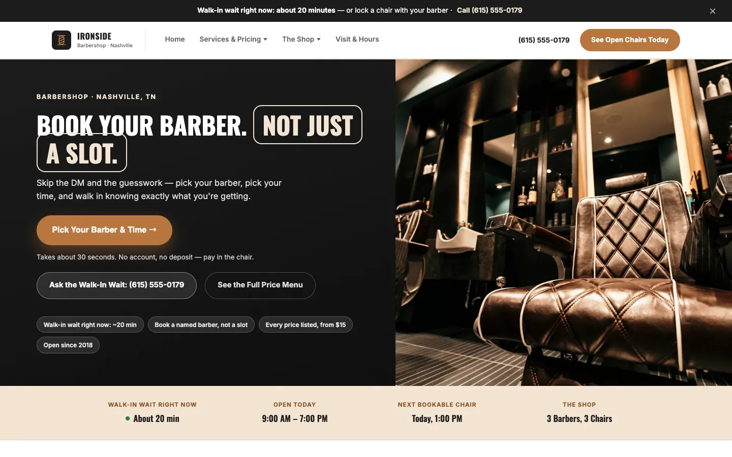 Screenshot of Ironside Barbershop, a Barbershop website built on WorkspaceCMS — Barber-Specific Booking + Barber Team Page.