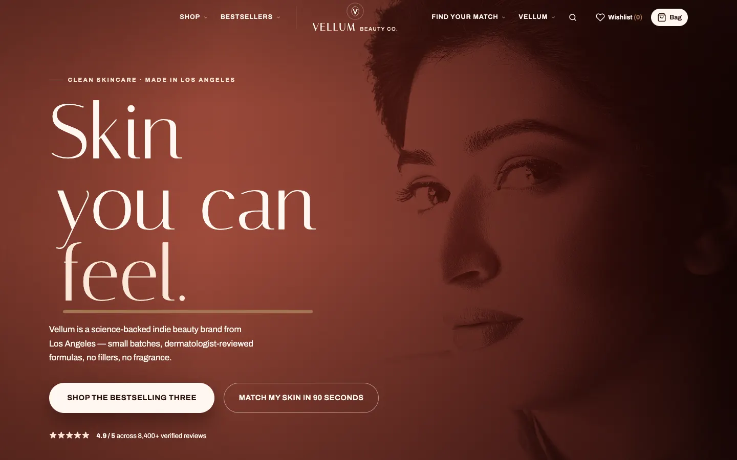 Screenshot of Vellum Beauty Co., a Beauty & Cosmetics website built on WorkspaceCMS — Build-Your-Routine in 3 Steps.
