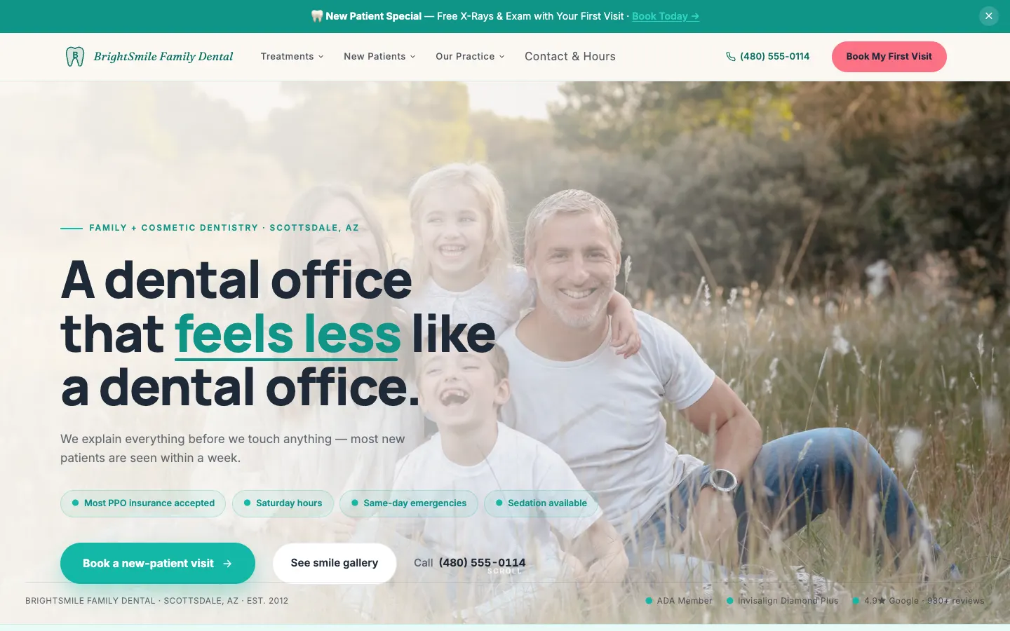Screenshot of BrightSmile Family Dental, a Dental website built on WorkspaceCMS — Smile Before/After Gallery.