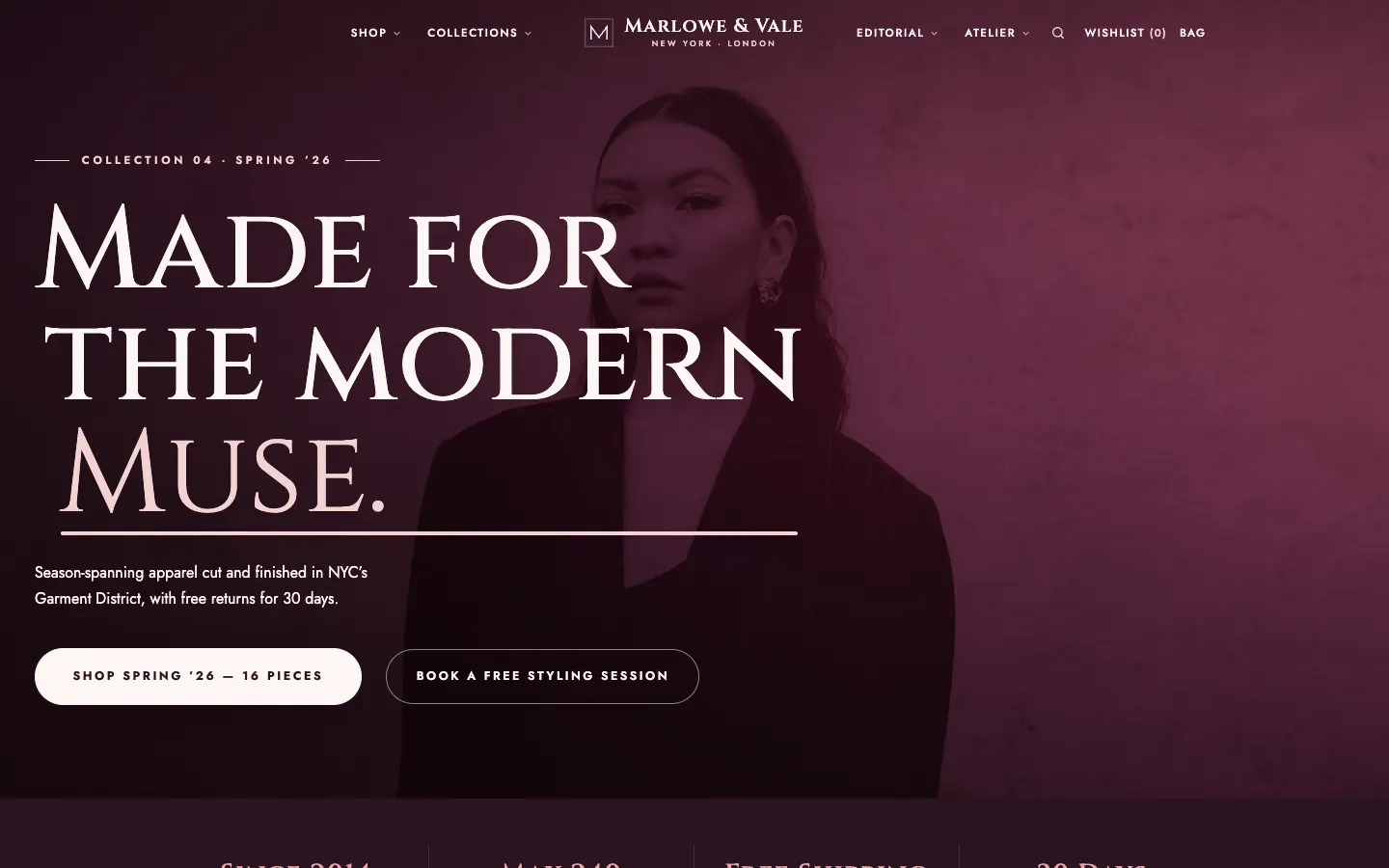 Screenshot of Marlowe & Vale, a Fashion & Apparel website built on WorkspaceCMS — Editorial Lookbook + Atelier Shop.