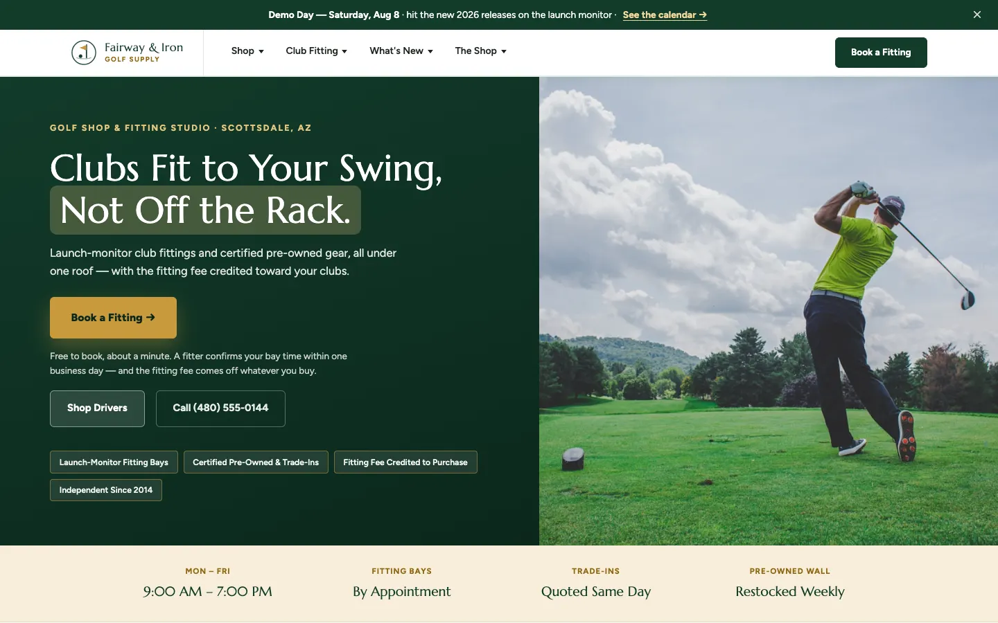 Screenshot of Fairway & Iron Golf Supply, a Golf Equipment Retail website built on WorkspaceCMS — Club-Fitting Booking + Shop-by-Player-Profile Grid.