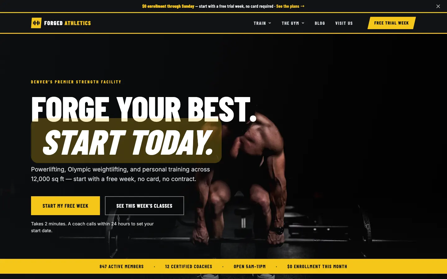 Screenshot of Forged Athletics, a Gym / Fitness website built on WorkspaceCMS — Membership Tiers + Free Trial Flow.
