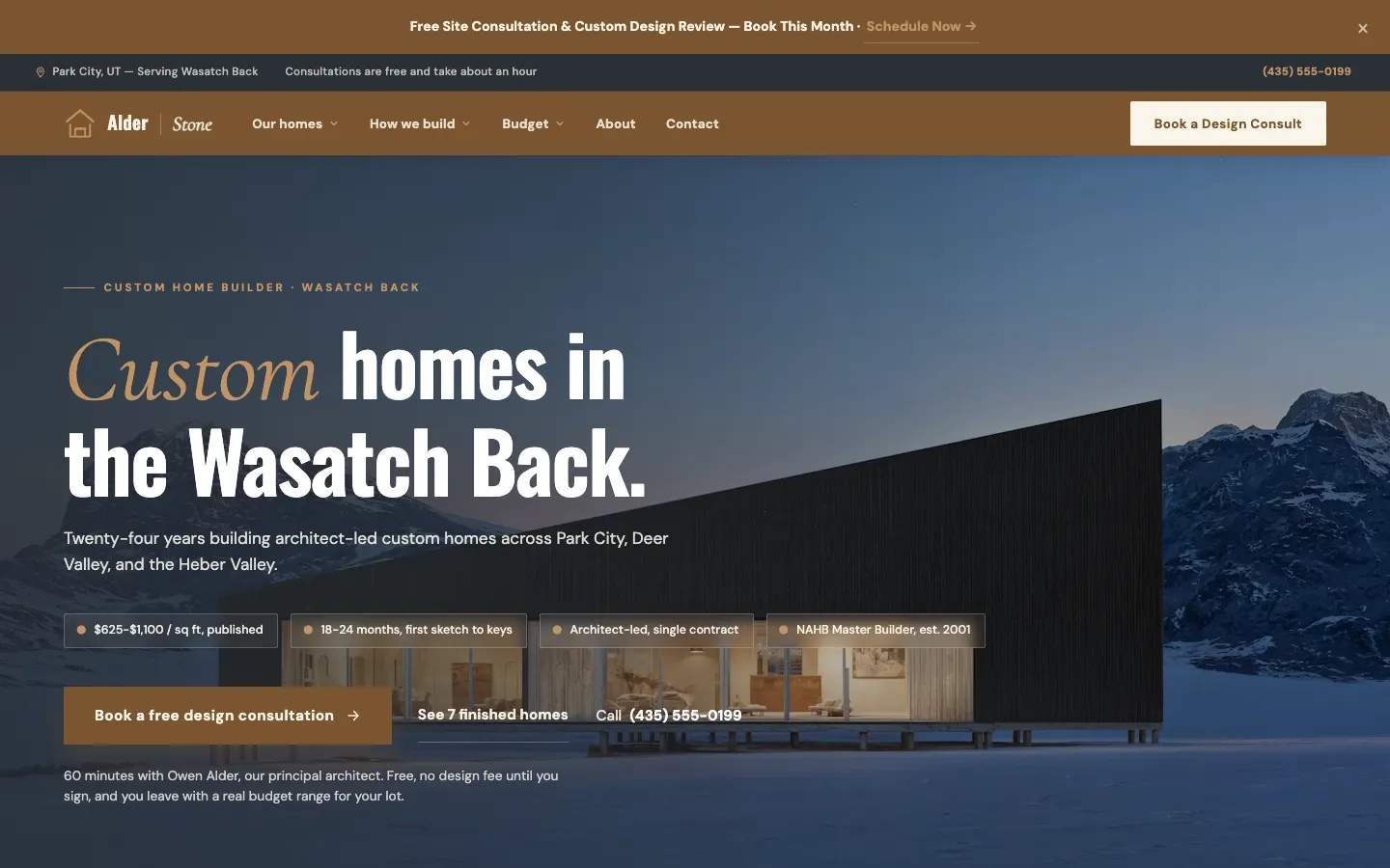 Screenshot of Alder & Stone Custom Homes, a Custom Home Builder website built on WorkspaceCMS — Land + Build Process Map.