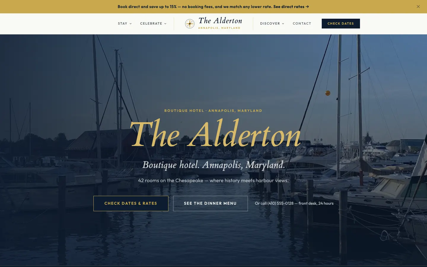 Screenshot of The Alderton, a Boutique Hotel website built on WorkspaceCMS — Direct Booking + Weddings Flow.