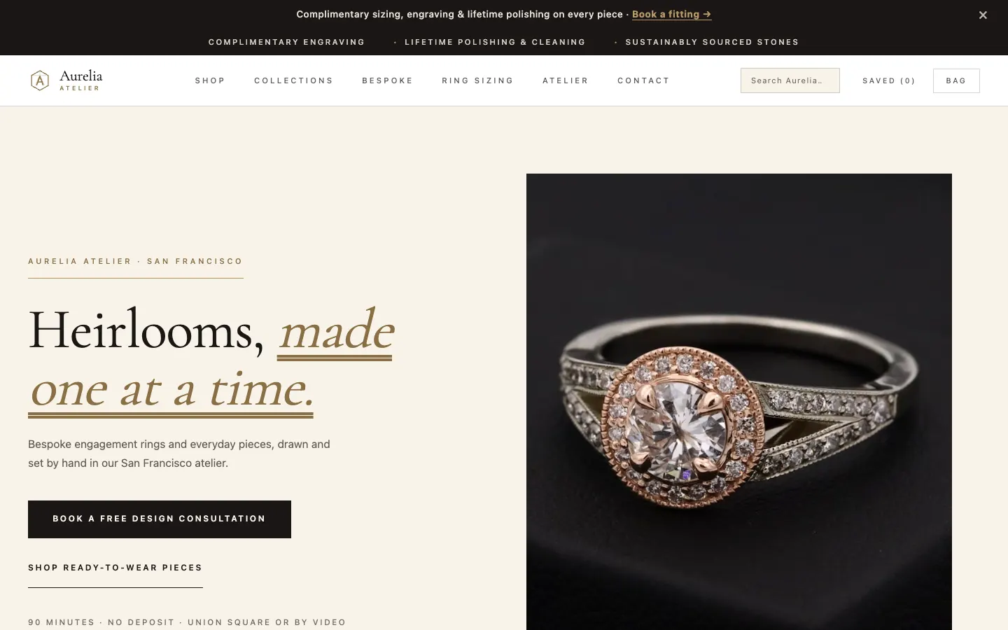 Screenshot of Aurelia Atelier, a Fine Jewelry & Bespoke website built on WorkspaceCMS — Bespoke Commission Process.