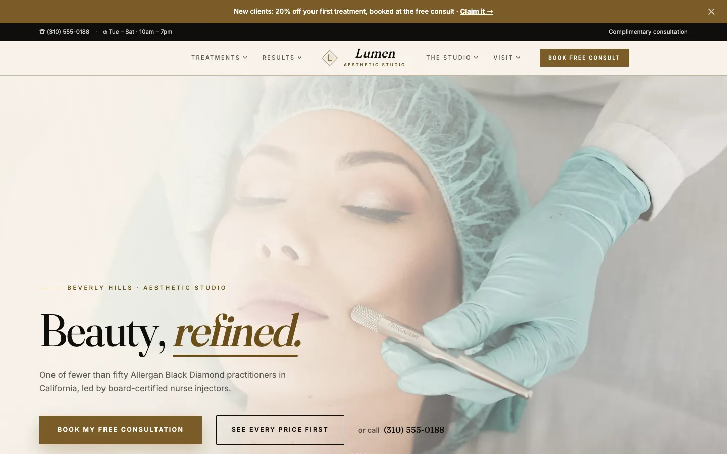 Screenshot of Lumen Aesthetic Studio, a Med Spa / Aesthetics website built on WorkspaceCMS — Treatment Before/After Gallery.