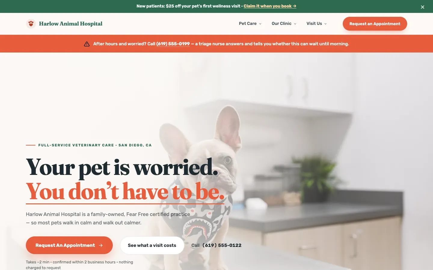 Screenshot of Harlow Animal Hospital, a Veterinary / Pet Care website built on WorkspaceCMS — Appointment Booking + Online Pharmacy.