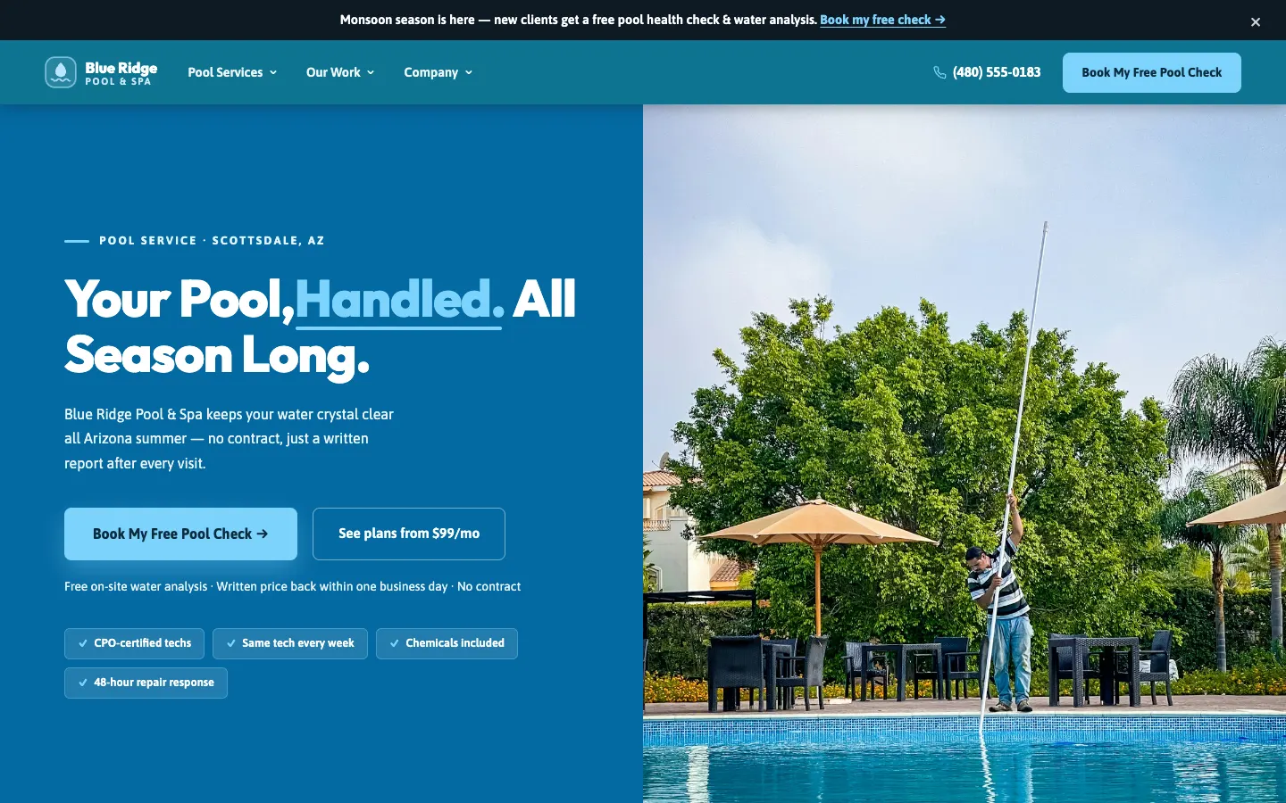 Screenshot of Blue Ridge Pool & Spa, a Pool Service website built on WorkspaceCMS — Maintenance Plan Subscription Tiers.