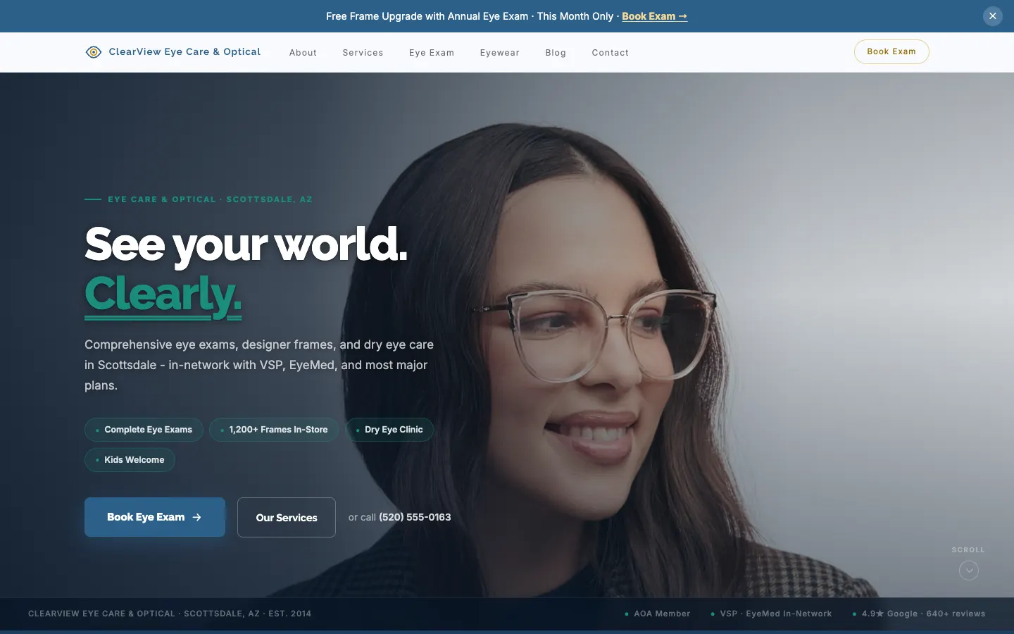 Screenshot of ClearView Eye Care & Optical, a Optometry website built on WorkspaceCMS — Exam Booking + Optical Shop Preview.