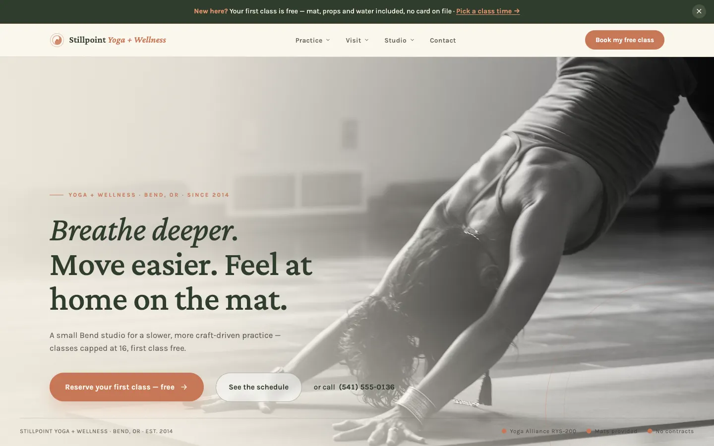 Screenshot of Stillpoint Yoga, a Yoga Studio website built on WorkspaceCMS — Weekly Schedule Grid.